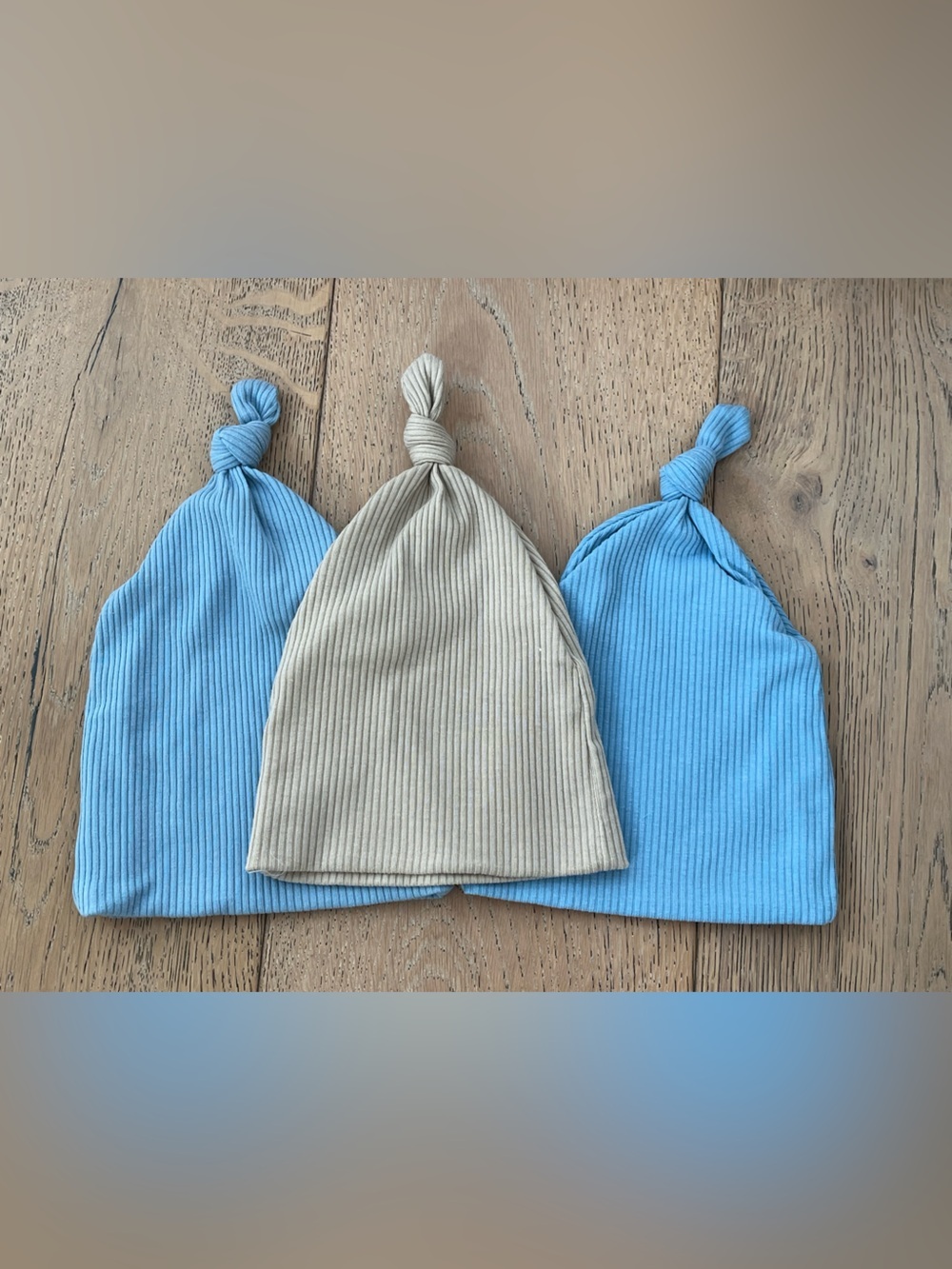 3 Piece Baby Infant Ribbed Hat Blue Tan Stretchy Old Navy - Picture 3 of 4